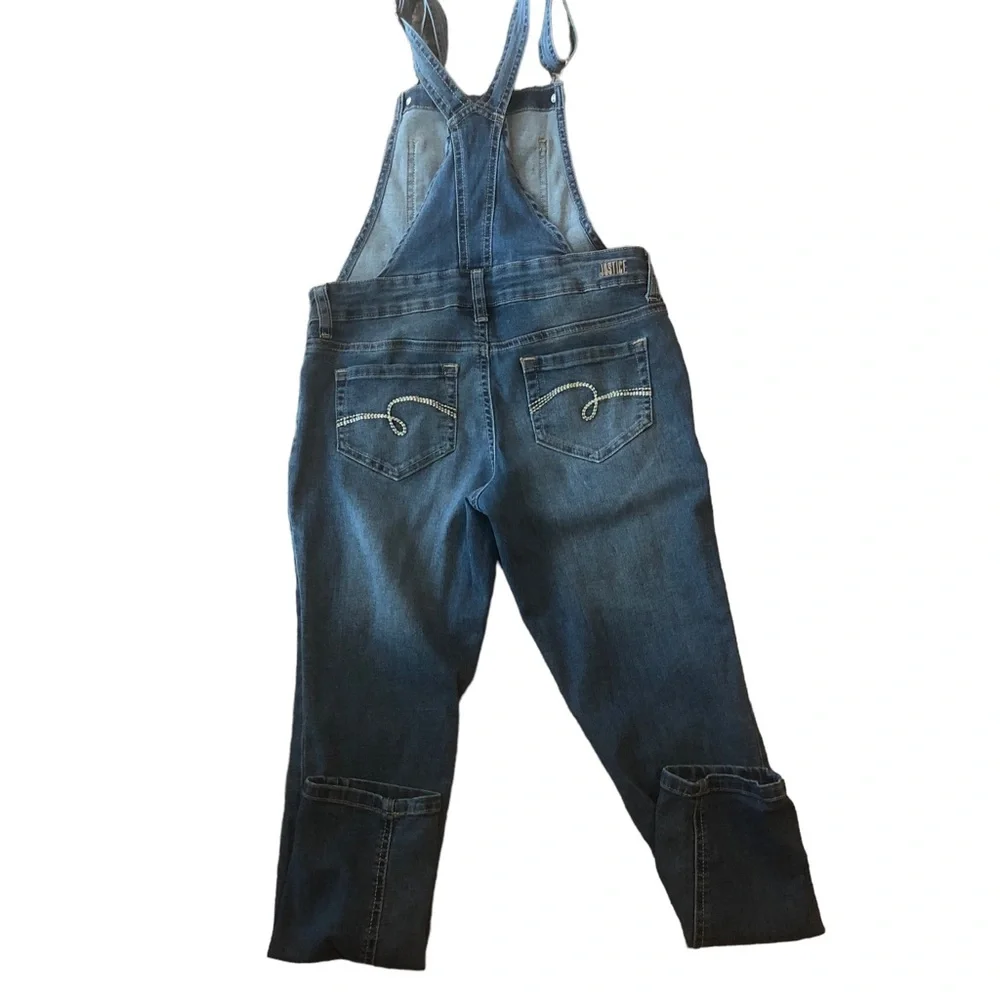 Justice Girls Denim Overalls Blue Denim Distressed Plaid Bibs